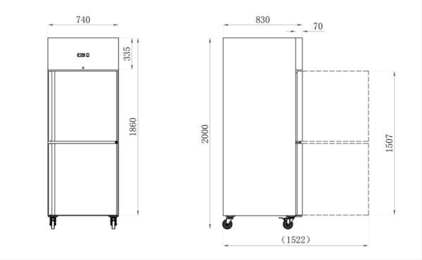 RVS KOELKAST GN 2/1 - 700 L - 2 HALVE DEUREN (AAF7PPNM)